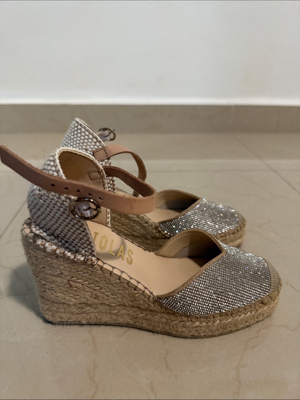 Embellished Tan Ankle-Strap Espadrille Wedges